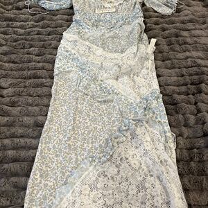 For Love And Lemons Pale Blue Floral & White Lace Maxi Dress